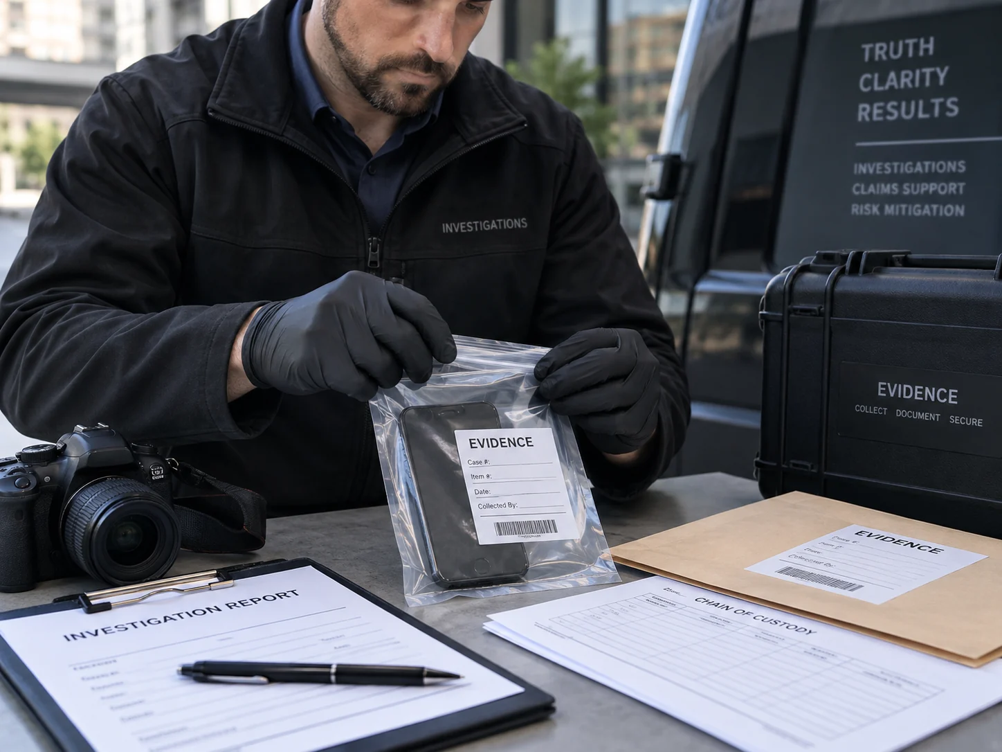 Investigator securing and documenting evidence with chain-of-custody records