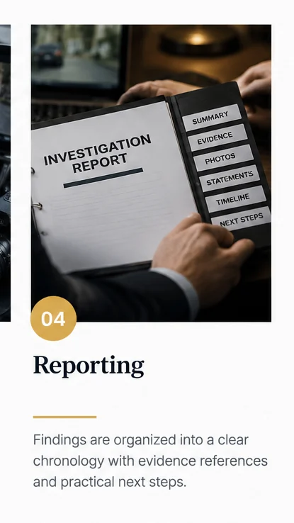 Completed investigative report organized with evidence, photos, statements, timeline and next steps