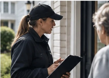 Investigator speaking with a potential witness at a residence